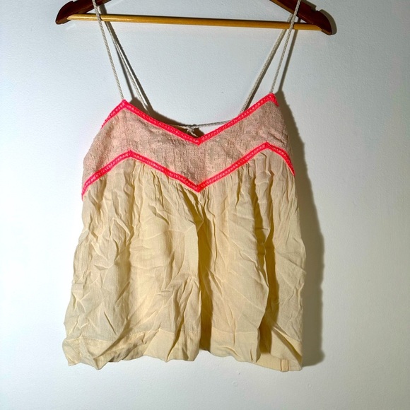Cream Camisole with Pink Ruched Neckline and Spaghetti Straps - Picture 2 of 11
